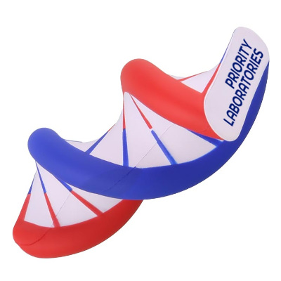Red, white and blue foam stress ball with a personalized logo.