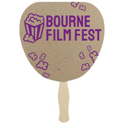 Paper brown hand fan with a personalized imprint.