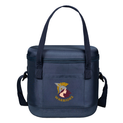 Blue polyester cooler with a customized logo.