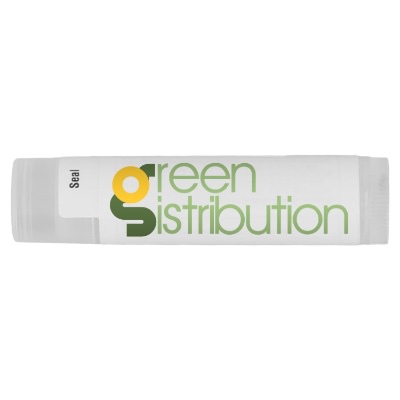 White plastic lip balm with a custom imprint.