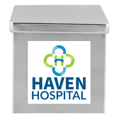 Silver tin tea canister with a personalized logo.