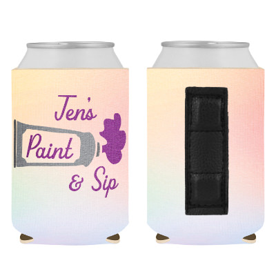 Rainbow can cooler with custom full color imprint.
