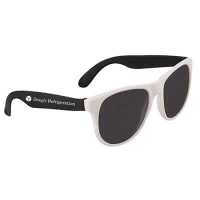 Polypropylene black with white frame sunglasses with custom imprint.