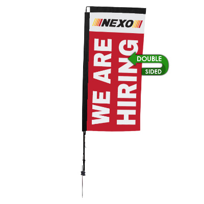 7-ft. double-sided stand-up flag with custom logo.