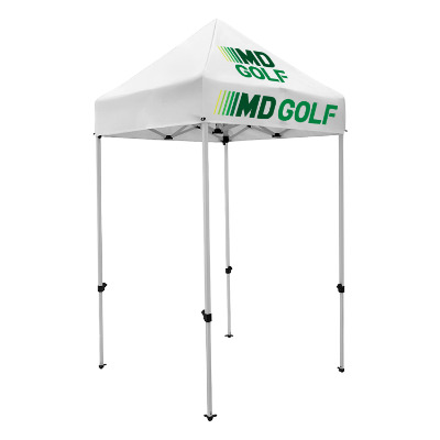 White 5-ft. tent with custom imprint.