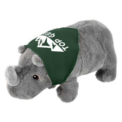 Plush and cotton rhino with a green bandana with a custom imprint.