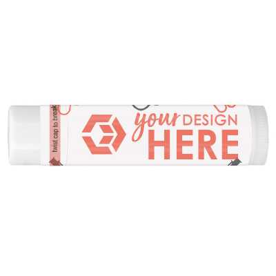 Beach background health care lip balm with an imprinted logo.
