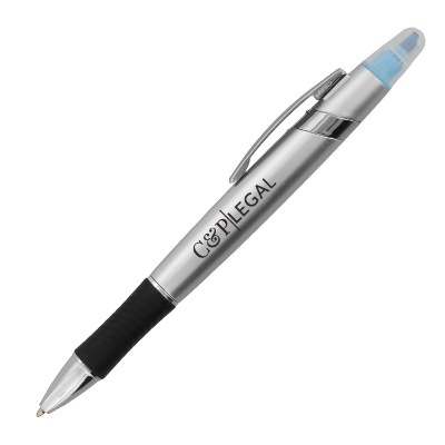 Blue plastic highlighter with a personalized imprint.