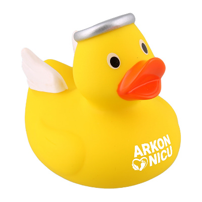 Yellow plastic rubber duck with a customized imprint.