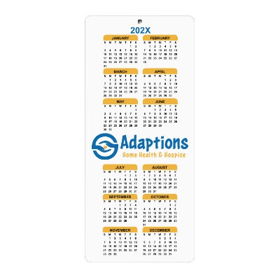Four inch by nine inch year at a glance calendar with personalized full color imprint.