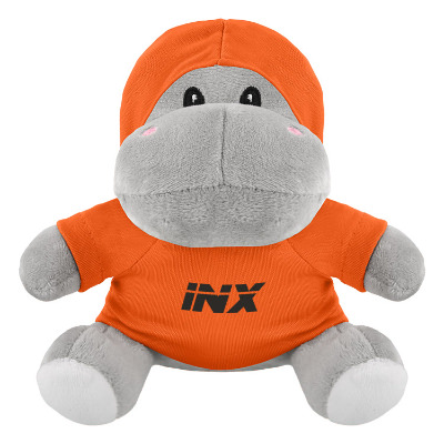 Plush and cotton hippo with a orange hoodie with a personalized logo.