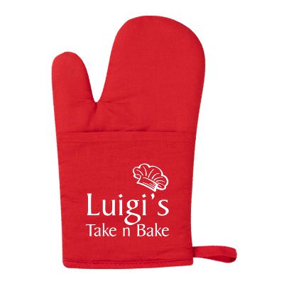 Cotton red oven mit with logo.