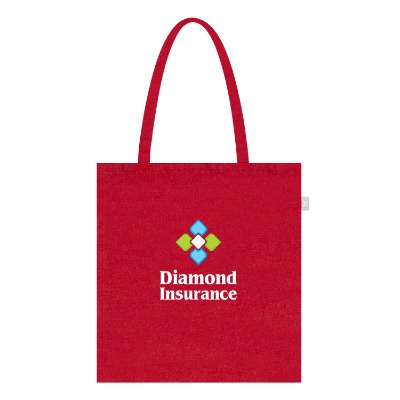 Red recycled cotton canvas tote bag with custom full-color logo.