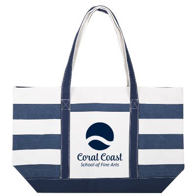 Cotton canvas navy nautical stripe tote with imprint.