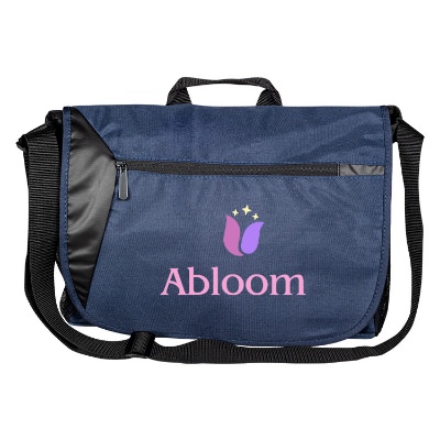 Blue messenger bag with zipper and full-color imprint.