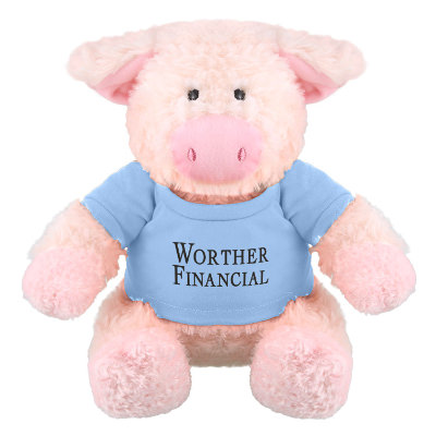Plush and cotton pig with a blue t-shirt with a custom imprint.