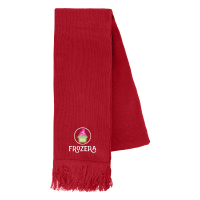 Red acrylic scarf with custom full-color imprint.