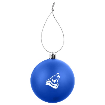 Blue plastic ornament with a branded logo