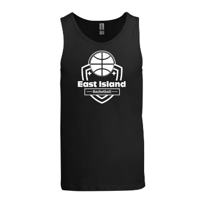 Customized black tank top with imprint.