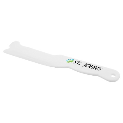 White jam spreader made of polypropylene with full color personalized imprint.