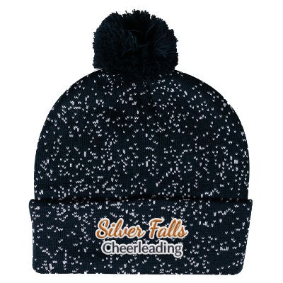 Green beanie with white speckles and thread pom with embroidered logo on cuff.