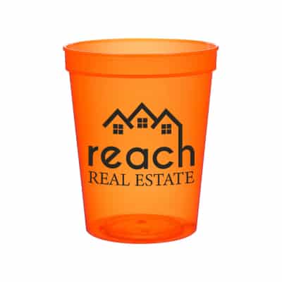 Plastic translucent neon orange stadium cup with custom imprint in 16 ounces.