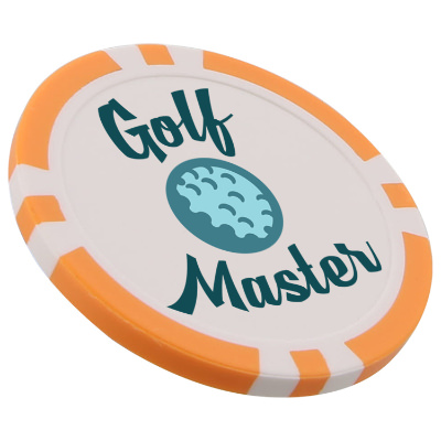 Orange poker chip ball marker with custom full color imprint.