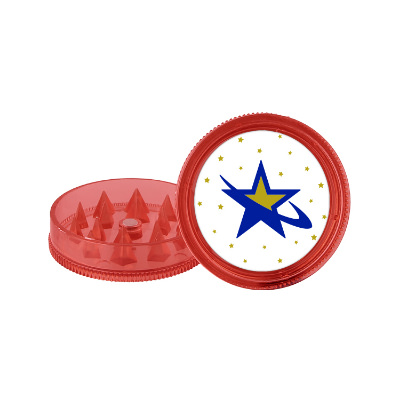 Red plastic grinder with custom full color logo.