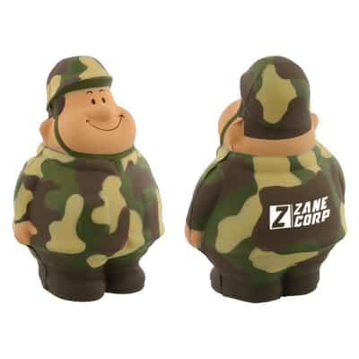 Foam camo pete stress ball with imprinted logo.