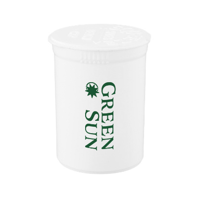 White vial with custom logo.