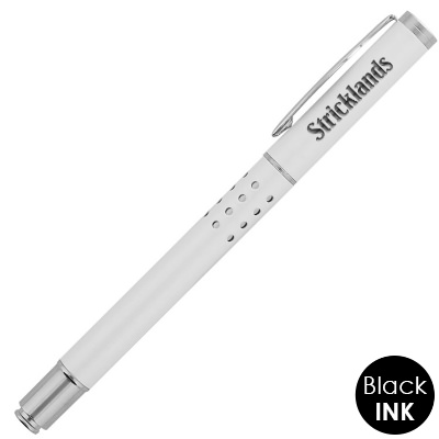Custom engraved cap off rollerball pen with unique barrel design.