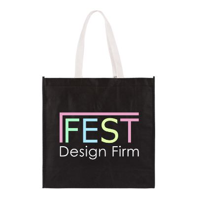 Non-woven polypropylene black with white statement tote with full color logo.