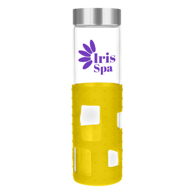 Glass water bottle with yellow silicone sleeve and custom logo in 20 oz.