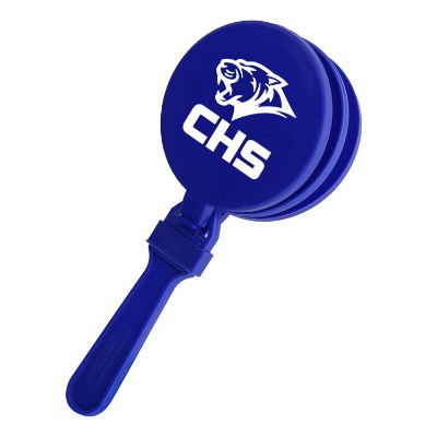 Blue plastic noise clapper with a personalized imprint.