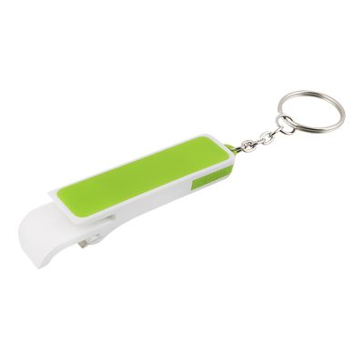 Plastic white with lime green phone stand metal bottle opener blank.