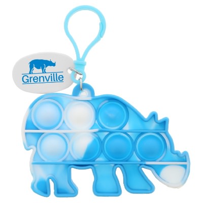 Silicone rhino shaped popper keychain with personalized one color logo.