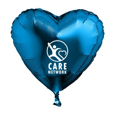 Blue foil balloon with a branded imprint.