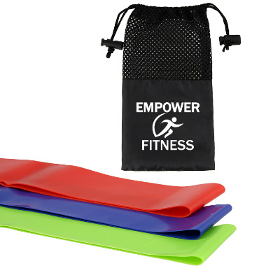 Multi-colored fitness bands with custom imprint.