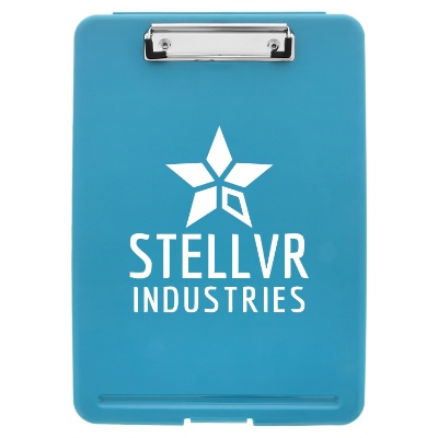 Teal plastic clipboard with a custom logo.