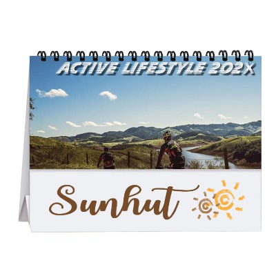 Tent desk calendar with photos of assorted activities with full color promotional imprint.