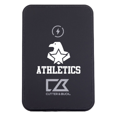 Black plastic charger with a custom imprint.