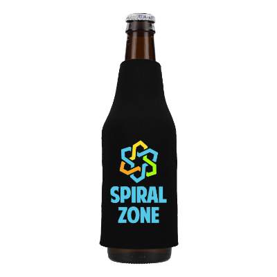 Foam black bottle cooler with custom full-color imprint.