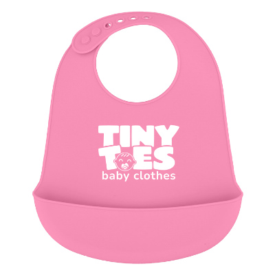 Pink baby bib with custom logo.