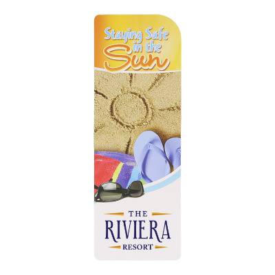 White cardstock bookmark with a branded imprint.