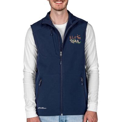 Navy blue mens embroidered soft shell vest.