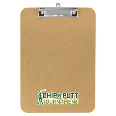 Wooden clipboard with a custom logo.