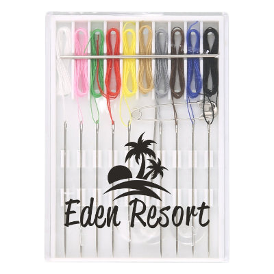 Clear plastic sewing kit with a custom imprint.