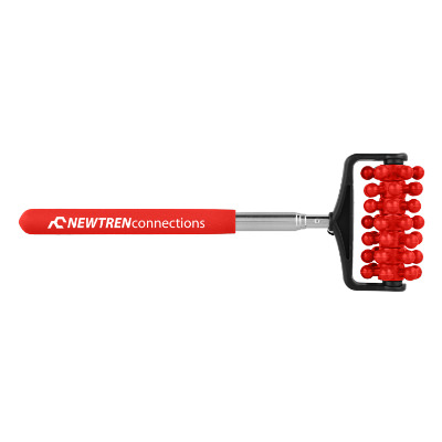 Red plastic backscratcher with a branded logo.