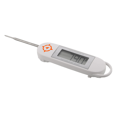White abs plastic and stainless steel digital cooking thermometer with custom promotional imprint.