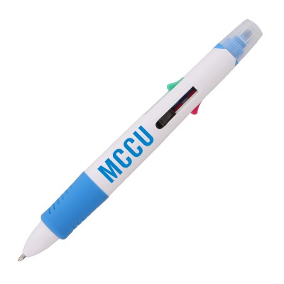 Blue plastic highlighter with a personalized imprint.